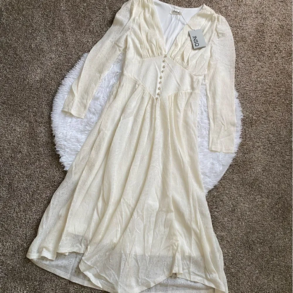 JNSQ Dress Cream Long Sleeve Wool Blend Maxi Cottage‎ Core Farmhouse Prairie 6